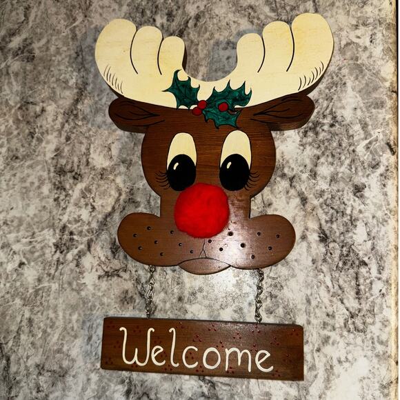 Handmade Wooden Rudolph Reindeer Welcome Sign | Pom Pom Nose | Vintage - Picture 6 of 8